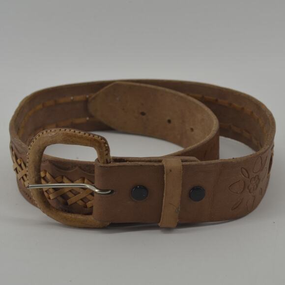 Western Leather Belt Tooled Stitched Brown Cowboy Size 28 - Picture 12 of 13